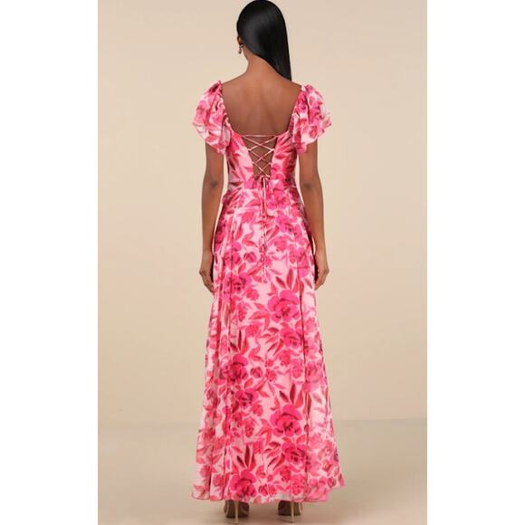 Lulus Sensationally Sweeter Floral Ruffled Maxi Dress Lace Up Backless, Pink NWT - Picture 4 of 12